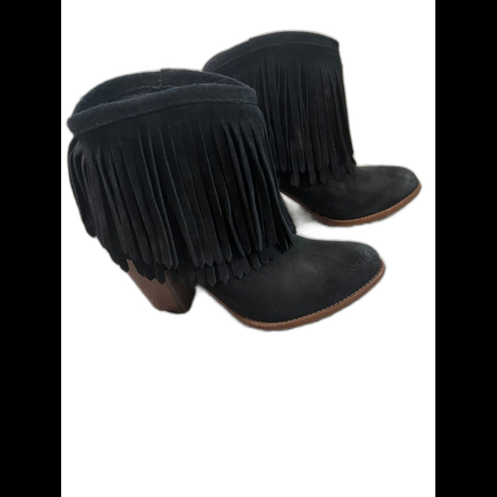 Frye Ilana Black Suede Fringe Women’s Ankle Boots Heels Size 7 Western Festival
